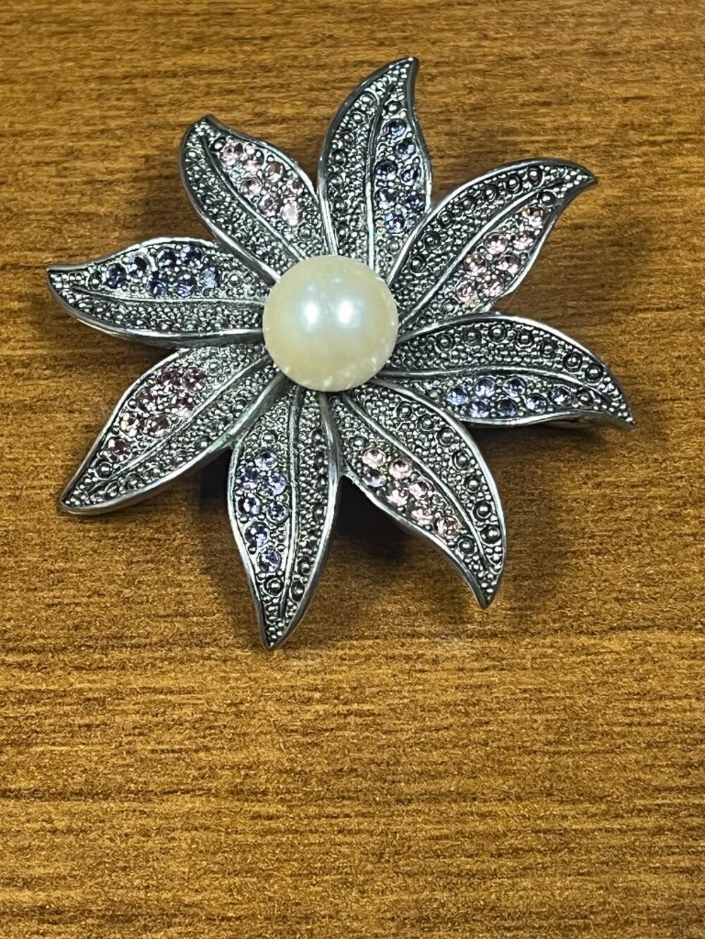 Premier Designs Silver Tone Flower Brooch Pink Purple Rhinestones Faux Pearl